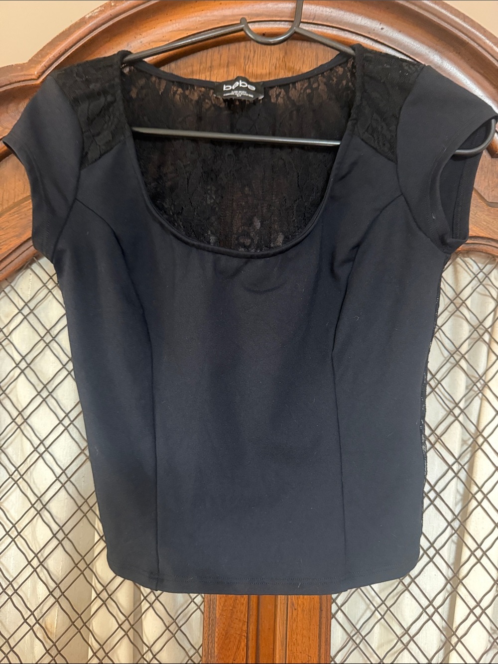 bebe Black Scoop-Neck Lace Back long crop Top